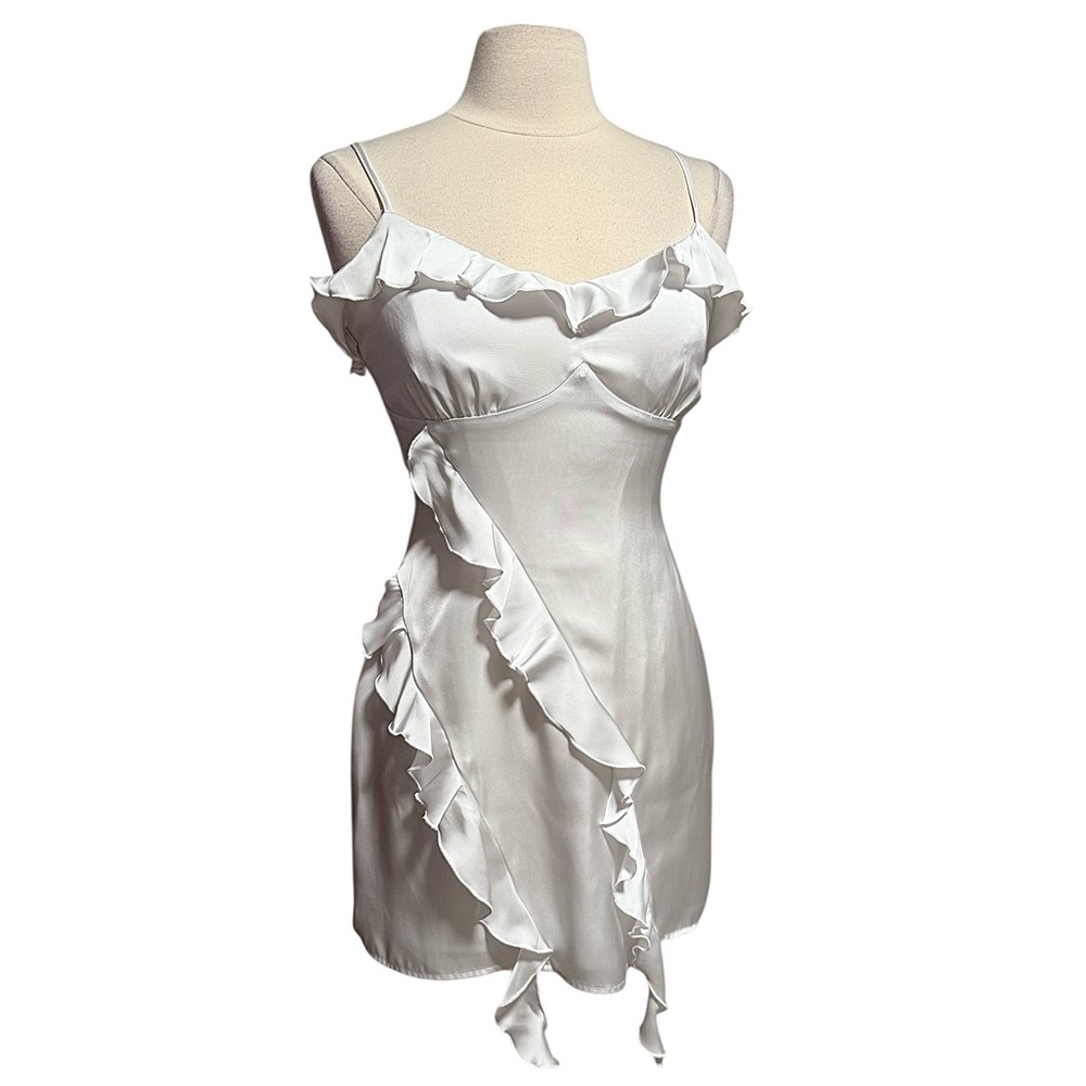 Princess Polly Branwell Satin White Sleeveless Mini Ruffle Dress Size Small